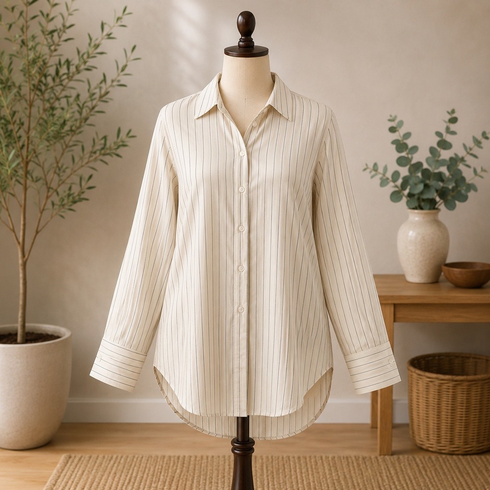 Open Edit Pinstripe Button Down Shirt Womens XS Cream Black Long Sleeve Cuffed